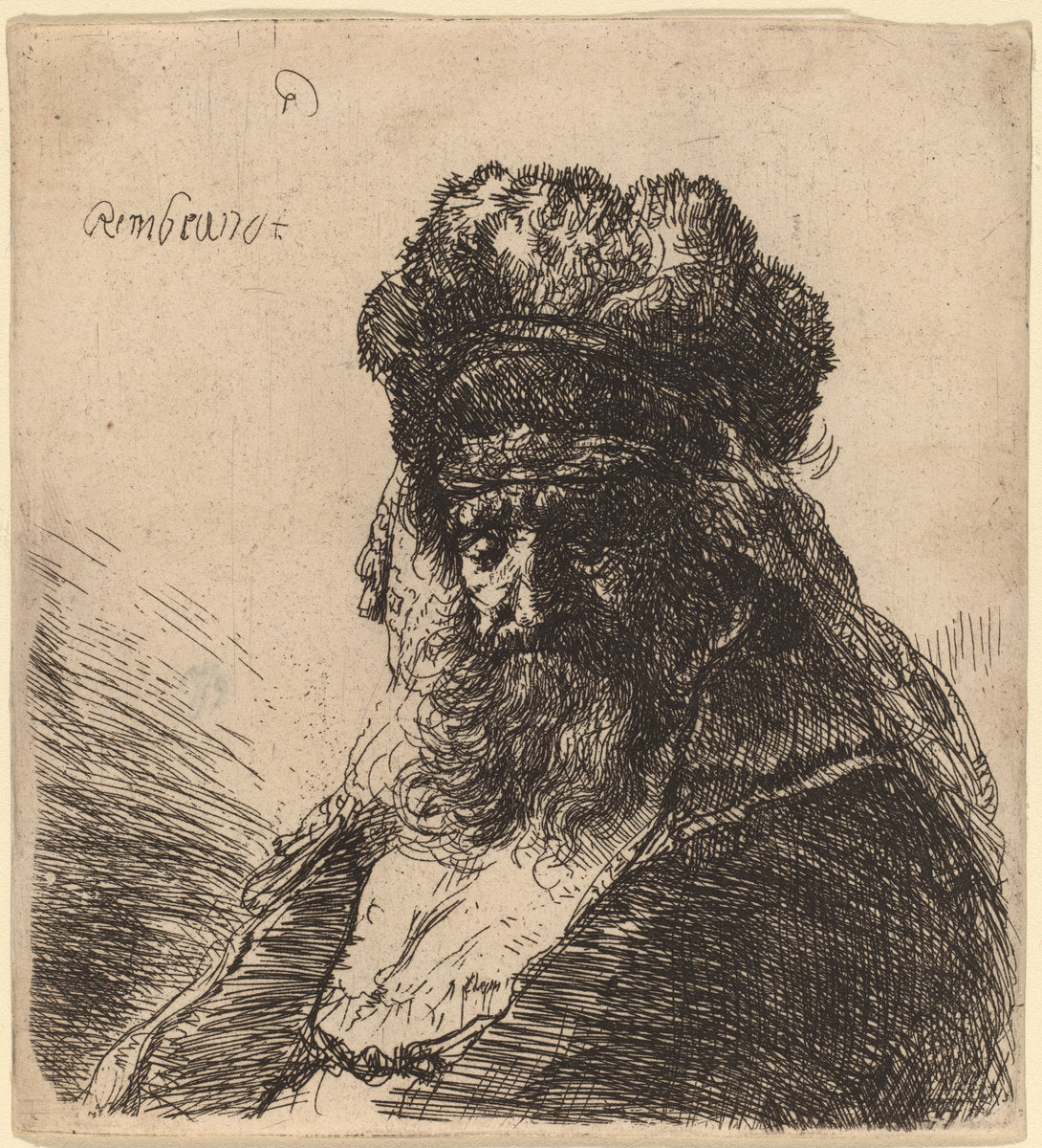 Old Bearded Man in a High Fur Cap, with Eyes Closed by Rembrandt van Rijn (Dutch, 1606 - 1669), 16X12"(A3)Poster Print
