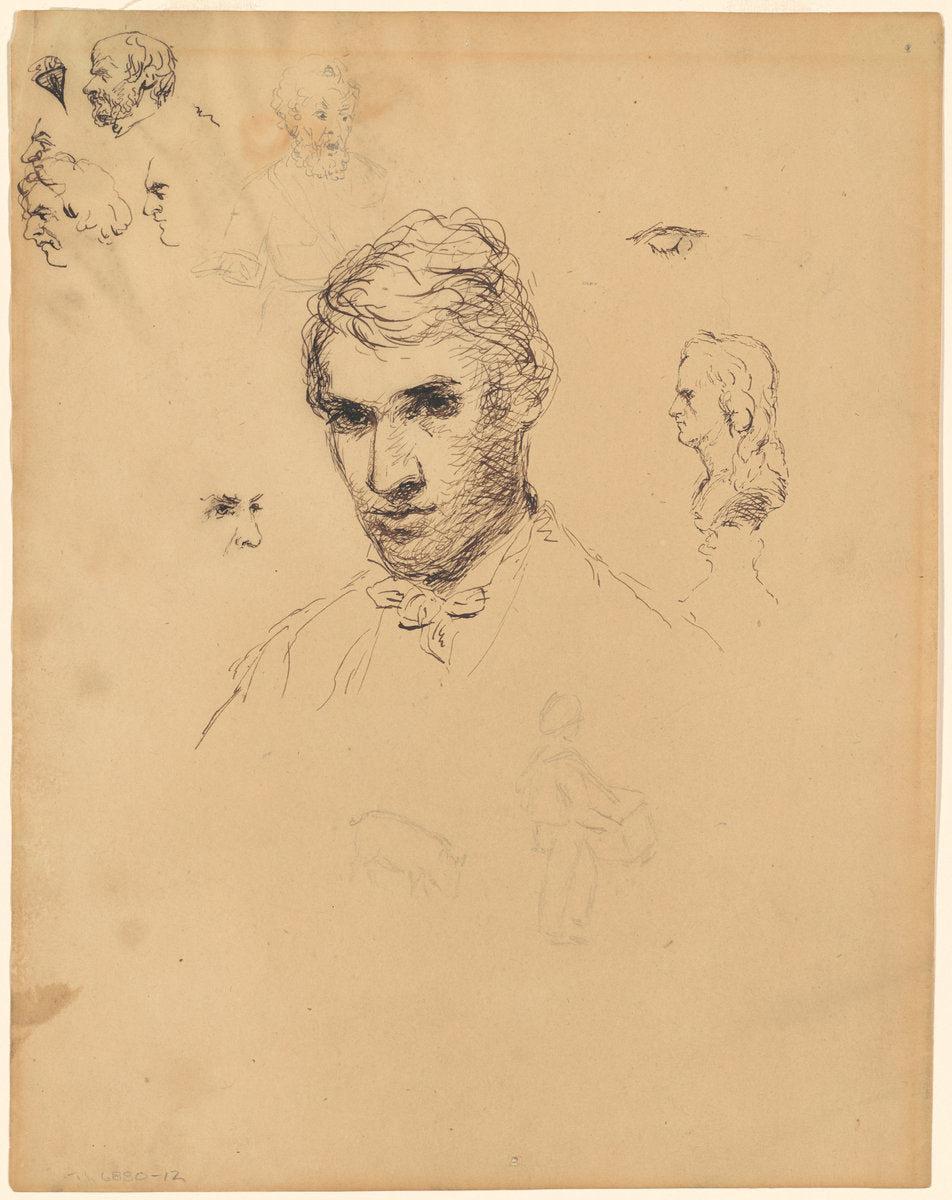 Head of a Man, with Various Studies by Sanford Robinson Gifford (American, 1823 - 1880), 16X12"(A3)Poster Print
