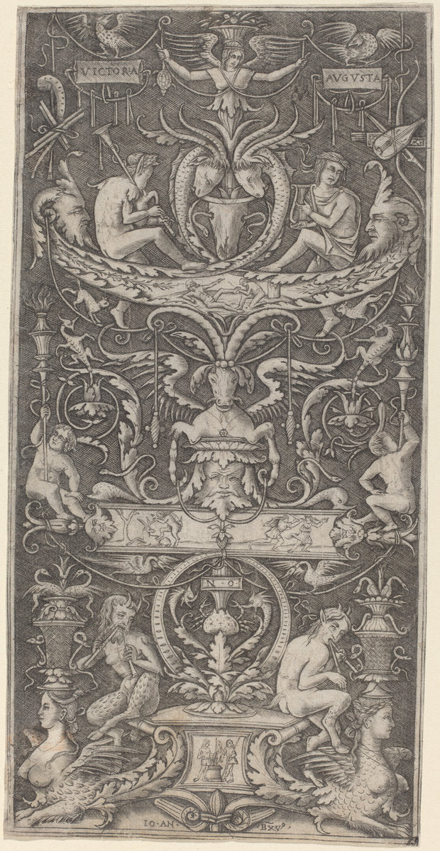 Ornamental Panel Inscribed "Victoria Augusta" by Giovanni Antonio da Brescia after Nicoletto da Modena (Italian, active c. 1490 - 1525 or after), 16X12"(A3)Poster Print