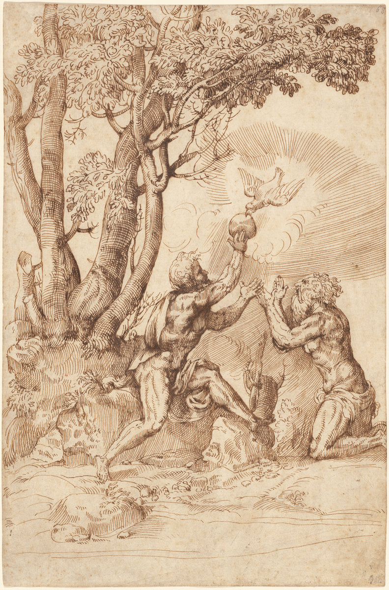The Hermit Saints Paul and Anthony Receiving Bread from a Dove by Domenico Campagnola (Venetian, before 1500 - 1564), 16X12"(A3)Poster Print