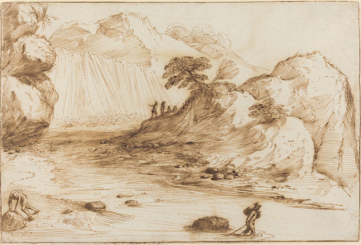 Landscape with a Waterfall by Giovanni Francesco Barbieri, called Guercino (Bolognese, 1591 - 1666), 16X12"(A3)Poster Print