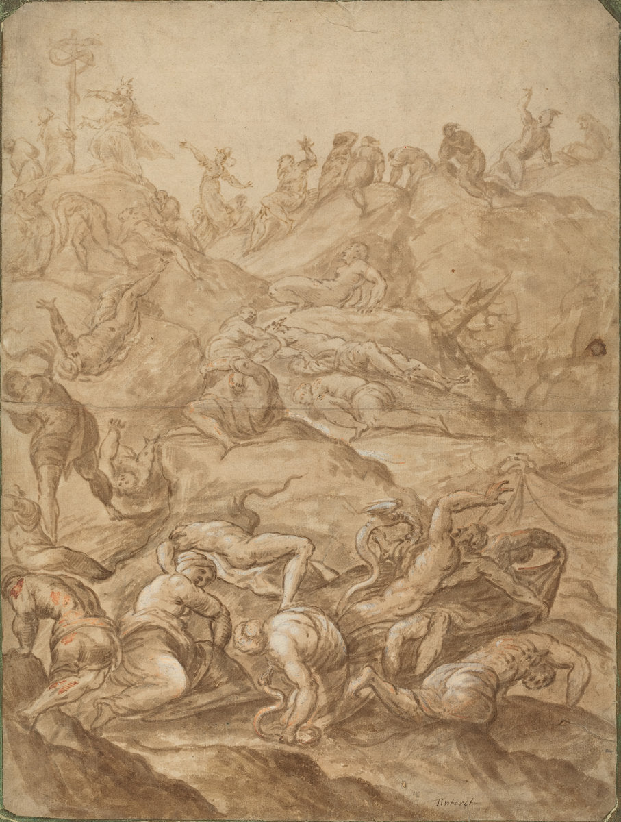brush and brown ink with brown wash, heightened with white and orange gouache, over graphite on  laid paper by after Jacopo Tintoretto (The Brazen Serpent), 16X12"(A3)Poster Print