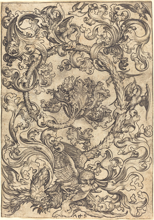 Ornament with Owl Mocked by Day Birds by Martin Schongauer (German, c. 1450 - 1491), 16X12"(A3)Poster Print