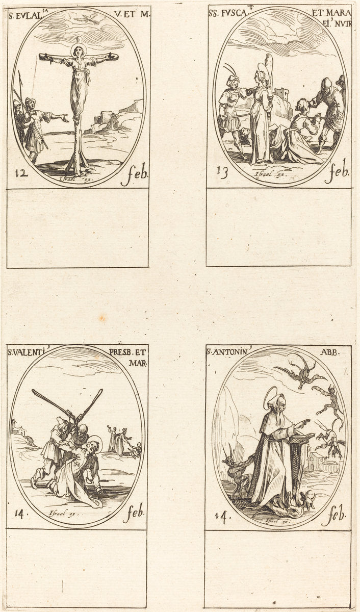 St. Eulalia; St. Fusca and Maura; St. Valentine; St. Anthony by Jacques Callot (French, 1592 - 1635), 16X12"(A3)Poster Print
