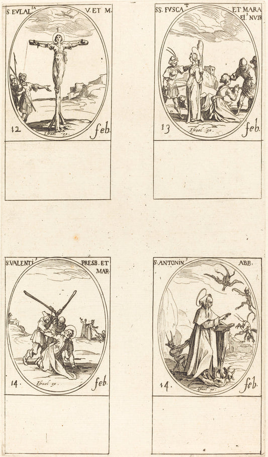 St. Eulalia; St. Fusca and Maura; St. Valentine; St. Anthony by Jacques Callot (French, 1592 - 1635), 16X12"(A3)Poster Print