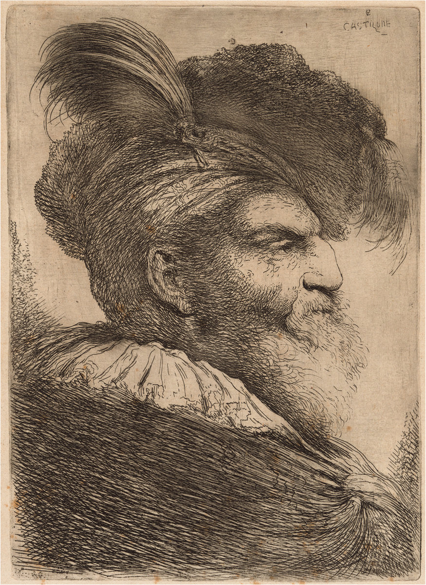 Man with a Long Beard and Headdress, Facing Right by Giovanni Benedetto Castiglione (Italian, 1609  - 1664), 16X12"(A3)Poster Print