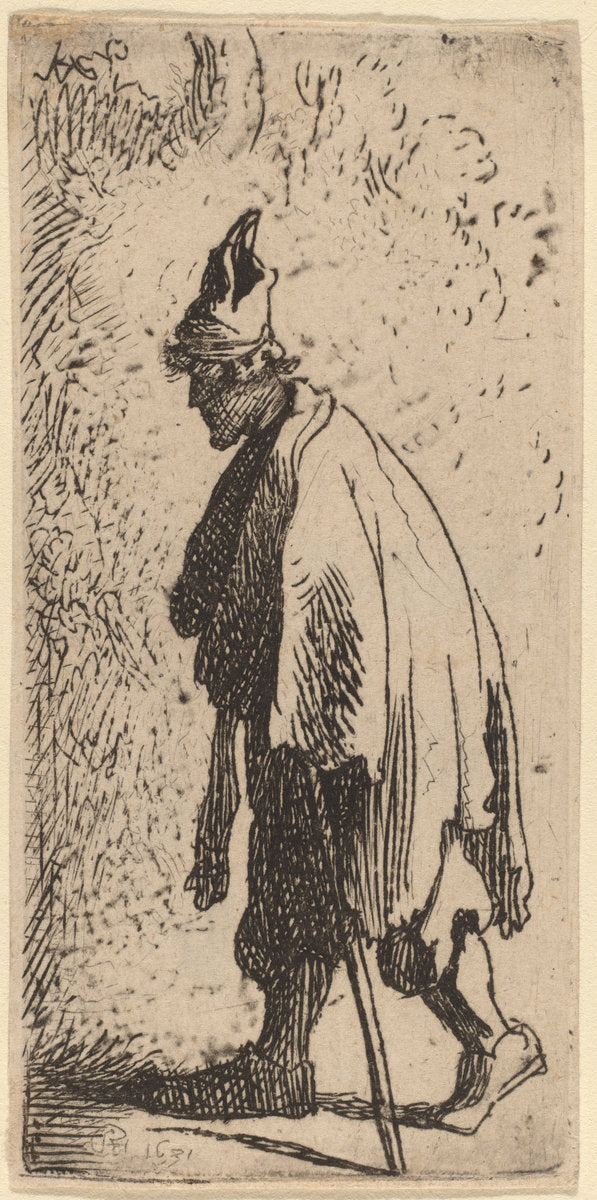1631 by Studio of Rembrandt van Rijn (Beggar with a Stick, Walking to the Left), 16X12"(A3)Poster Print