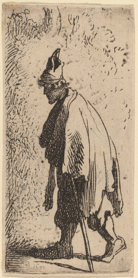 1631 by Studio of Rembrandt van Rijn (Beggar with a Stick, Walking to the Left), 16X12"(A3)Poster Print