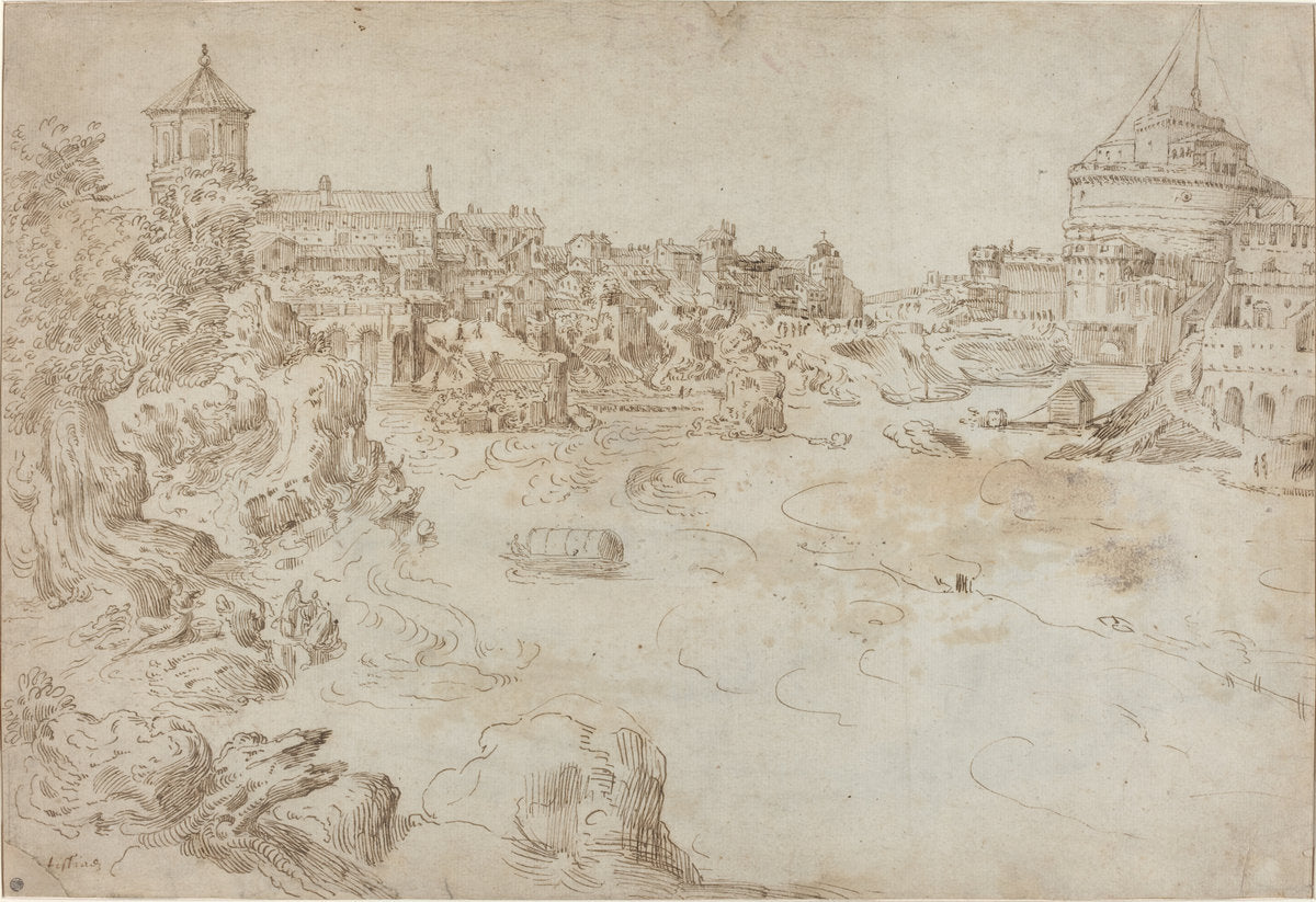 View of the Castle Sant'Angelo and the Ospedale di Santo Spirito [recto] by Attributed to Étienne Dupérac (French, c. 1525 - 1601/1604), 16X12"(A3)Poster Print