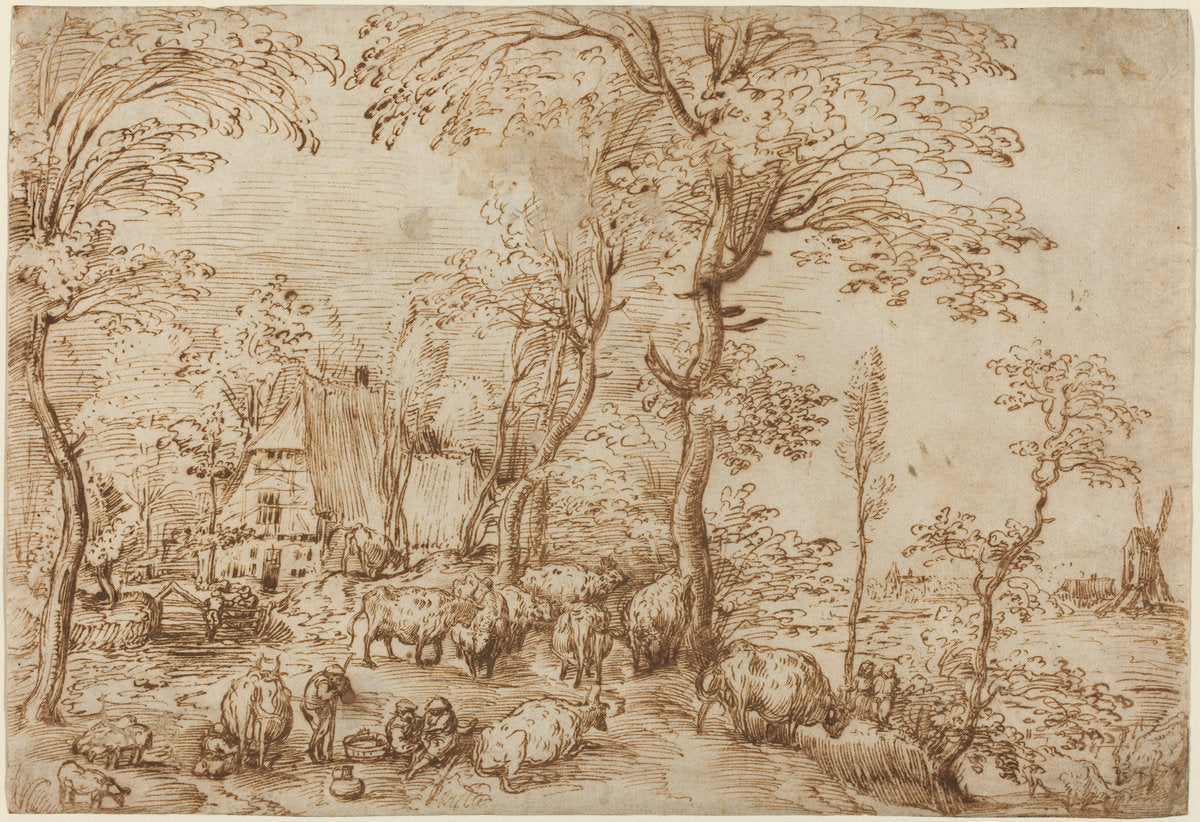 Peasants and Cattle near a Farmhouse by Pieter Bruegel the Elder (Flemish, c. 1525/1530 - 1569), 16X12"(A3)Poster Print
