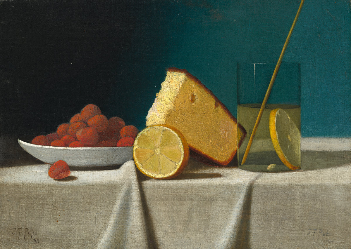 Still Life with Cake, Lemon, Strawberries, and Glass by John Frederick Peto (American, 1854 - 1907), 16X12"(A3)Poster Print
