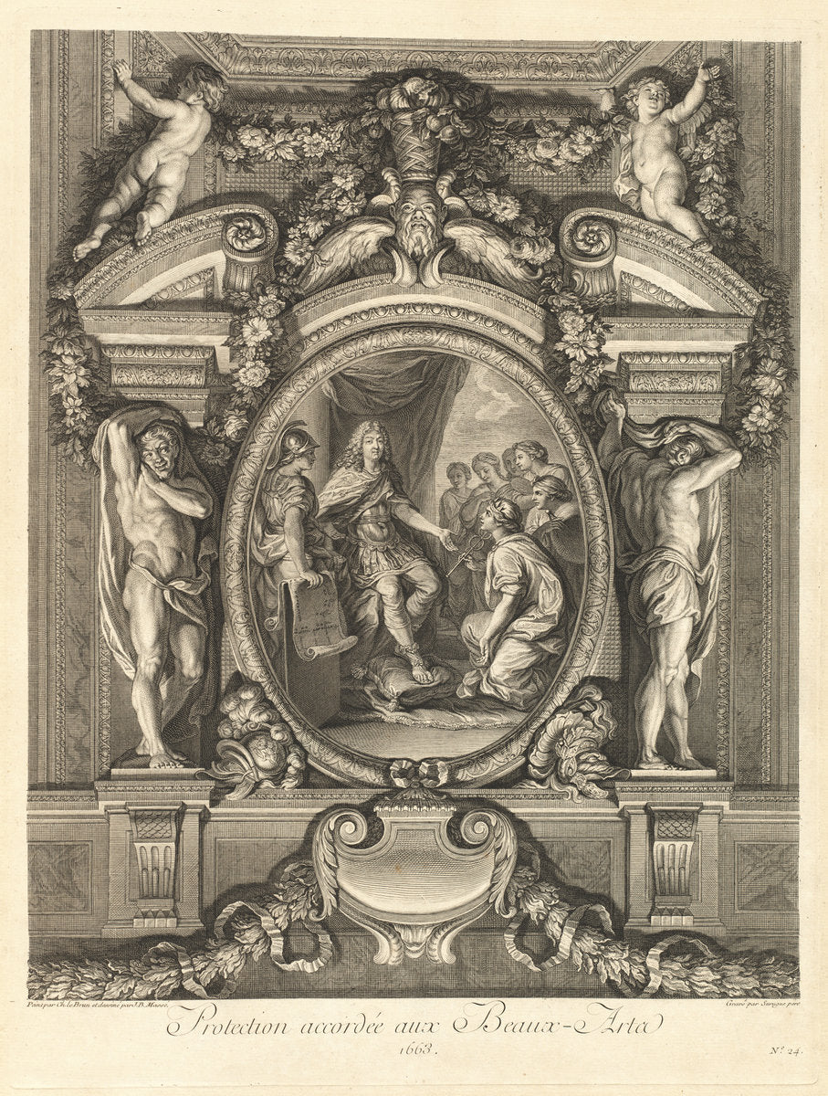 Protection accordée aux beaux-arts 1663 (Protection Accorded to the Fine Arts 1663) [pl. 24] by Jean-Baptiste Massé (designer) and Louis de Surugue de Surgis (engraver) after Charles Le Brun (French, 1687 - 1767), 16X12"(A3)Poster Print
