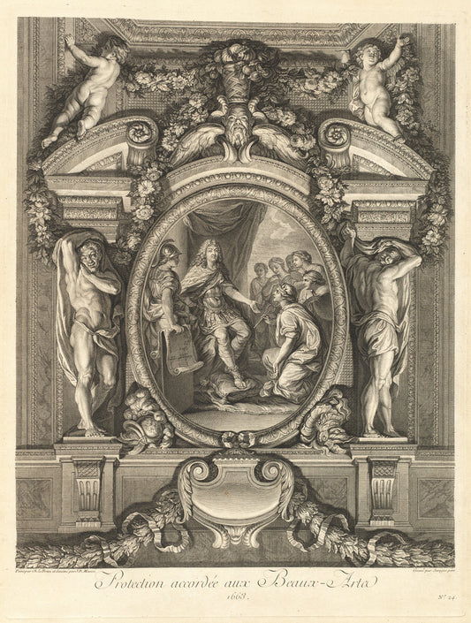 Protection accordée aux beaux-arts 1663 (Protection Accorded to the Fine Arts 1663) [pl. 24] by Jean-Baptiste Massé (designer) and Louis de Surugue de Surgis (engraver) after Charles Le Brun (French, 1687 - 1767), 16X12"(A3)Poster Print
