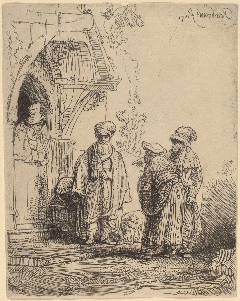 Three Oriental Figures (Jacob and Laban?) by Rembrandt van Rijn (Dutch, 1606 - 1669), 16X12"(A3)Poster Print