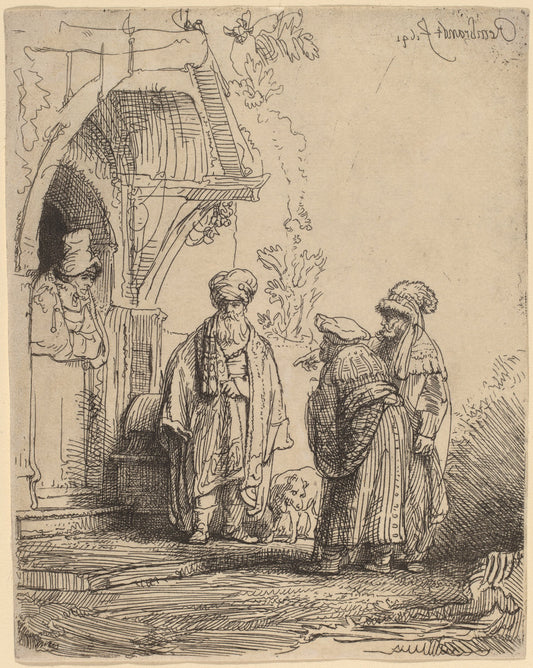 Three Oriental Figures (Jacob and Laban?) by Rembrandt van Rijn (Dutch, 1606 - 1669), 16X12"(A3)Poster Print