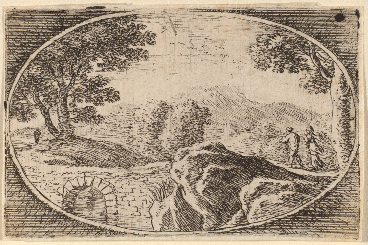 Two Figures near a Small Stone Bridge by Herman van Swanevelt (Dutch, c. 1600 - 1655), 16X12"(A3)Poster Print