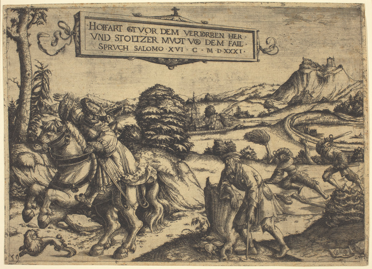 Allegory of "Pride Goeth Before Destruction...": A Gentleman and a Lady on Horseback by Christoph Bockstorfer (German, 1490 - 1553), 16X12"(A3)Poster Print