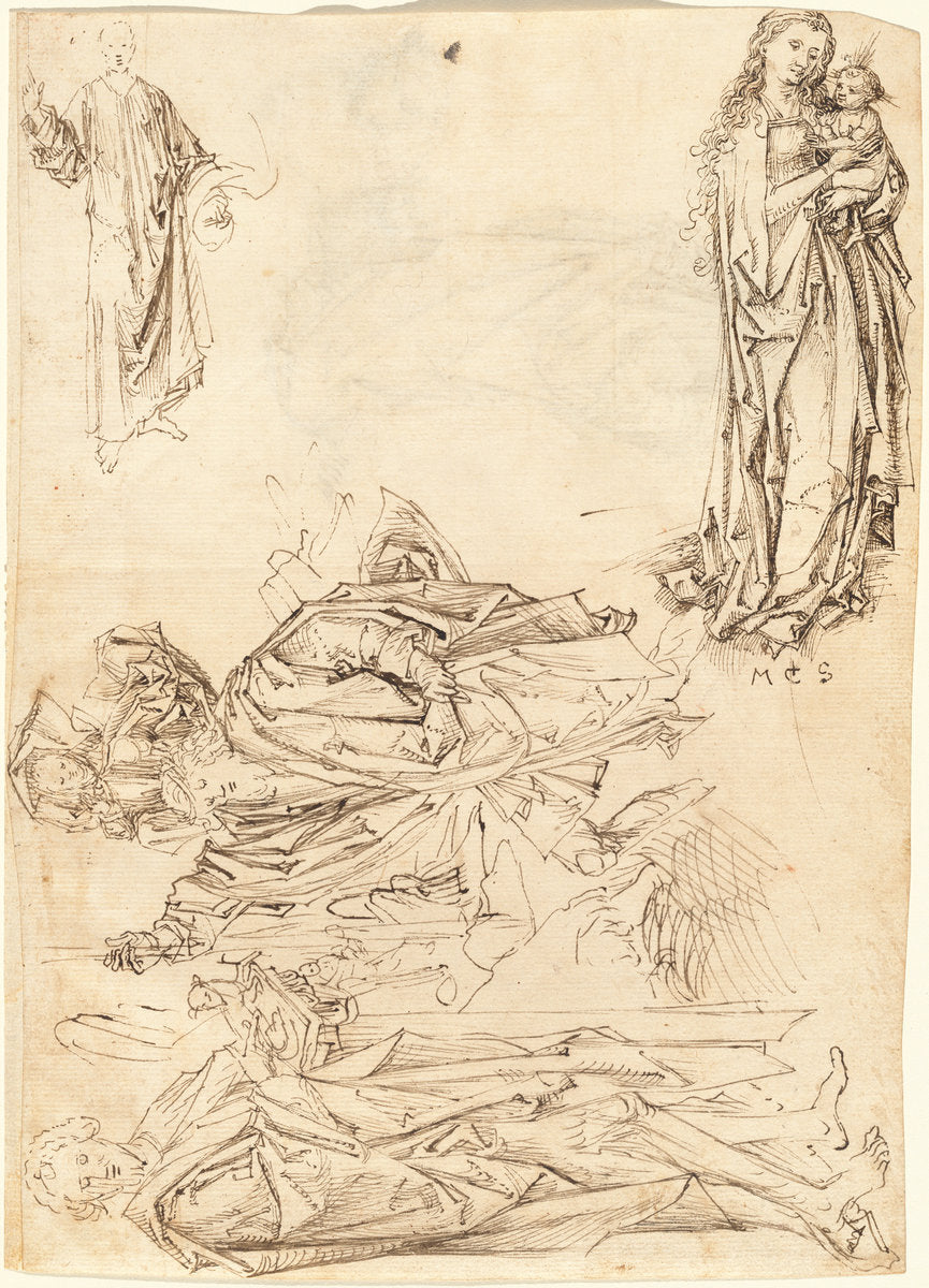 Saint Christopher, Saint John the Baptist, the Virgin and Child, and Christ Blessing (recto) by Master of the Drapery Studies, after Martin Schongauer (German, active c. 1470 - 1500), 16X12"(A3)Poster Print