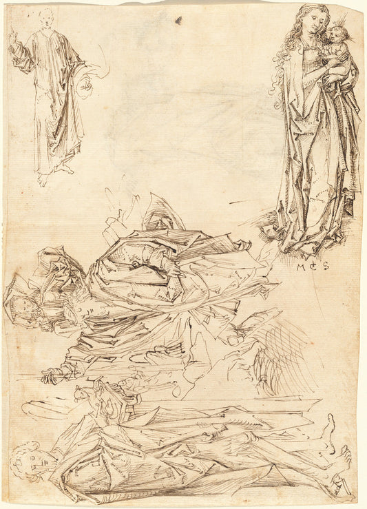 Saint Christopher, Saint John the Baptist, the Virgin and Child, and Christ Blessing (recto) by Master of the Drapery Studies, after Martin Schongauer (German, active c. 1470 - 1500), 16X12"(A3)Poster Print