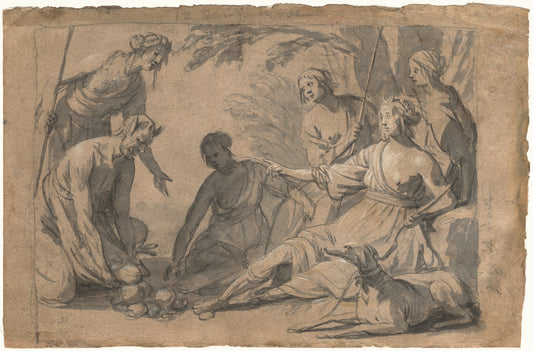 Diana and Four Nymphs Receiving Gifts from a Satyr by Gerrit van Honthorst (Dutch, 1592 - 1656), 16X12"(A3)Poster Print