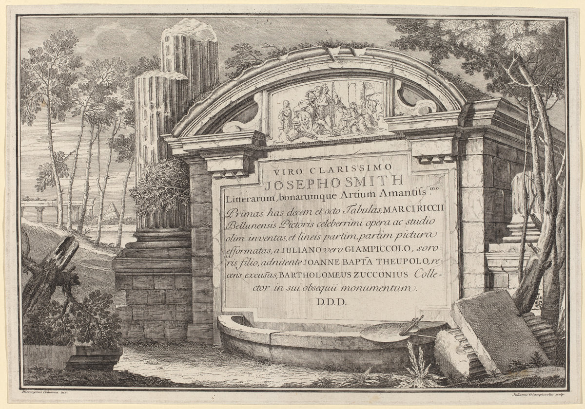 Classical Ruins in a Landscape: frontispiece by Giuliano Giampiccoli and Giovanni Battista Tiepolo (Italian, 1696 - 1770), 16X12"(A3)Poster Print