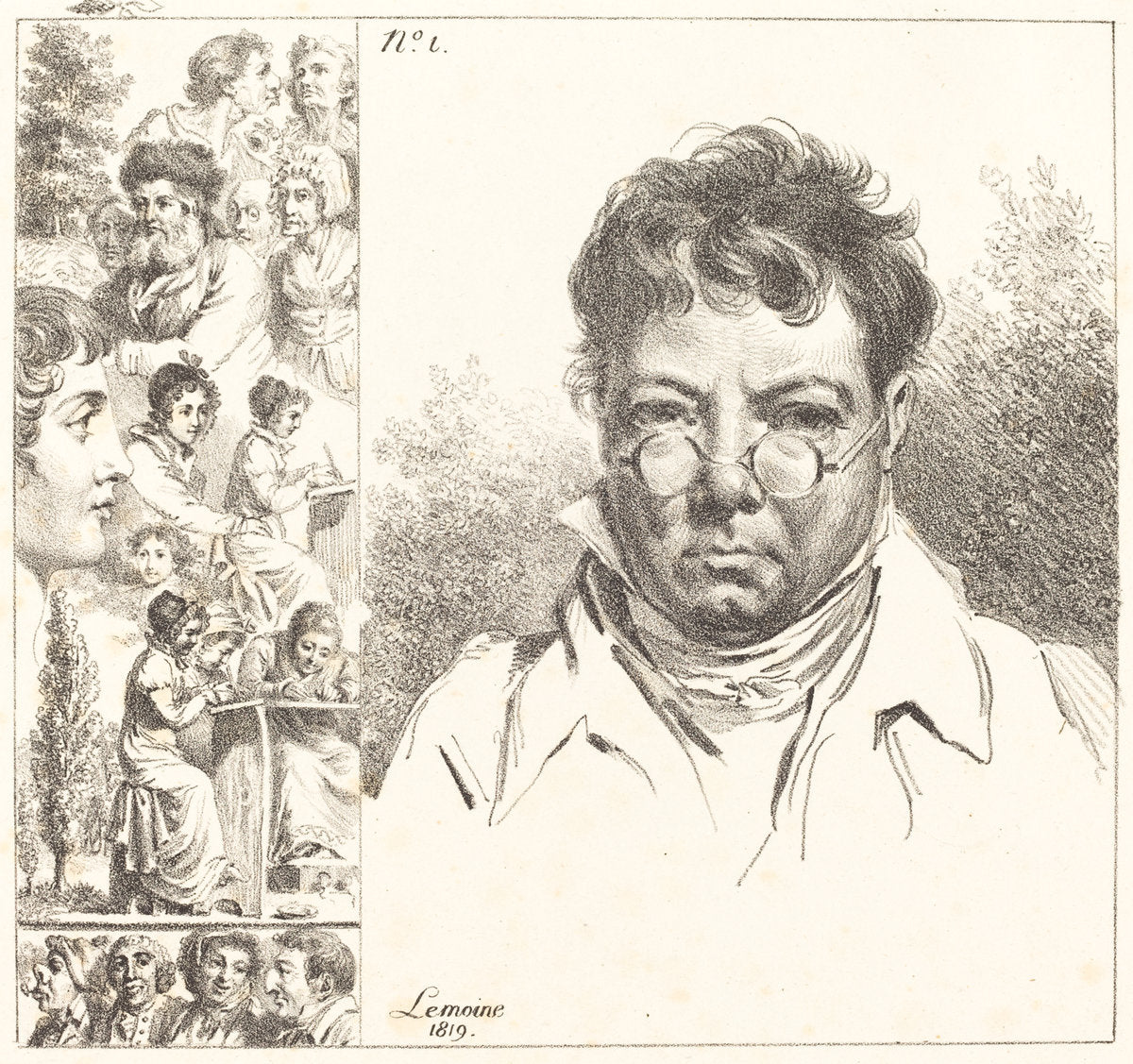 Self-Portrait and Other Heads by Jacques Antoine Marie Lemoine (French, 1751 - 1824), 16X12"(A3)Poster Print