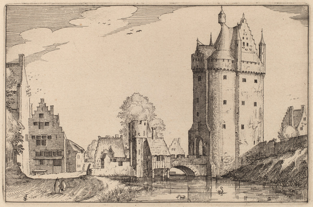 Town Gate by Claes Jansz Visscher after Johannes van Doetechum, the Elder after Lucas van Doetechum after Master of the Small Landscapes (Dutch, 1586/1587 - 1652), 16X12"(A3)Poster Print