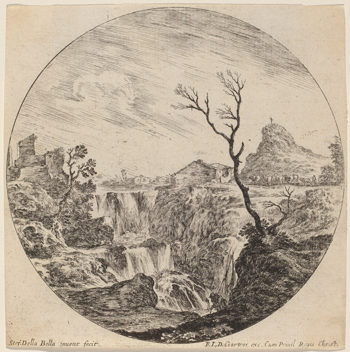 Waterfall with Three Tiers by Stefano Della Bella (Italian, 1610 - 1664), 16X12"(A3)Poster Print