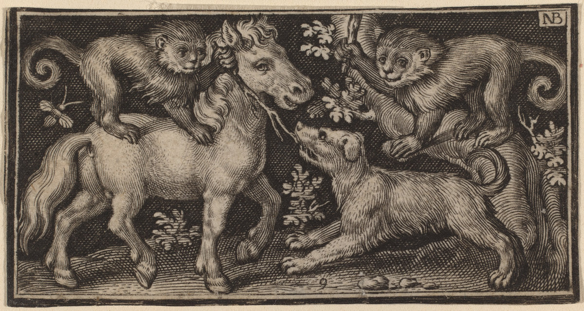 Horse with Two Monkeys and a Dog by Nicolaes de Bruyn (Flemish, 1565/1571 - 1656), 16X12"(A3)Poster Print