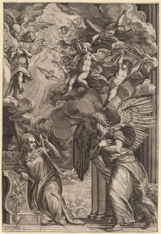 The Annunciation by Cornelis Cort after Titian (Netherlandish, 1533 - 1578), 16X12"(A3)Poster Print