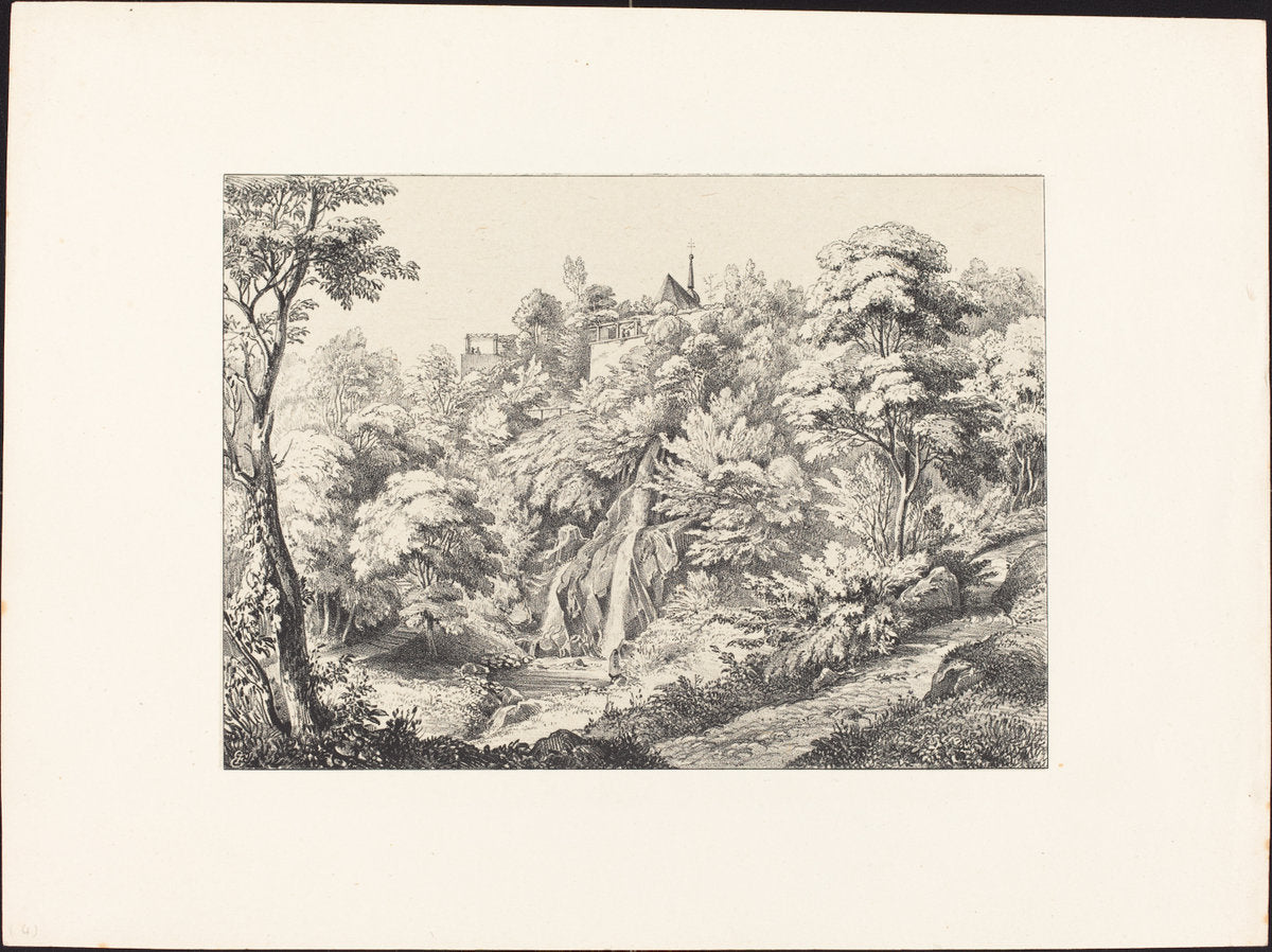 Rear View of the Convent with Waterfall by Ernst Fries (German, 1801 - 1833), 16X12"(A3)Poster Print