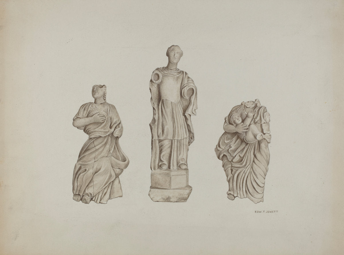 Faith, Hope and Charity: Stone Figures from Facade of Mission by Edward Jewett (American, active c. 1935), 16X12"(A3)Poster Print