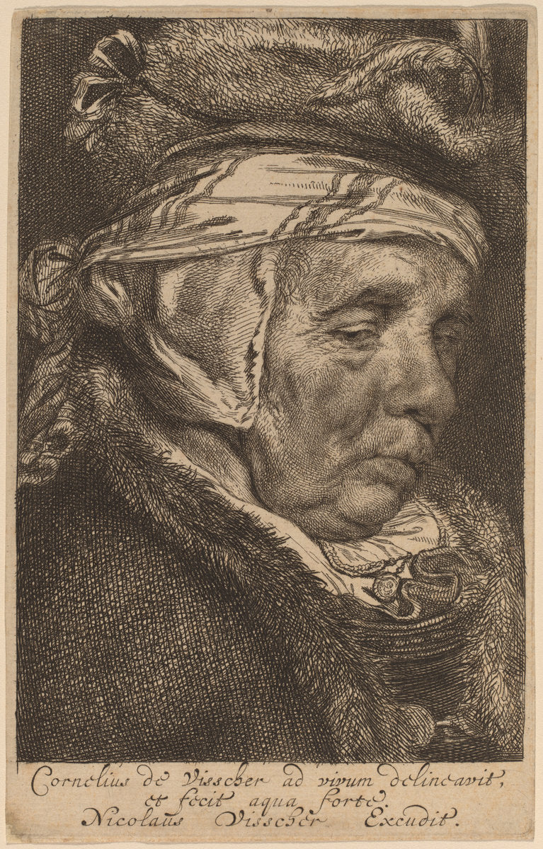 Head of an Old Woman (Visscher's Mother) by Cornelis Visscher (Dutch, 1629 - 1662), 16X12"(A3)Poster Print