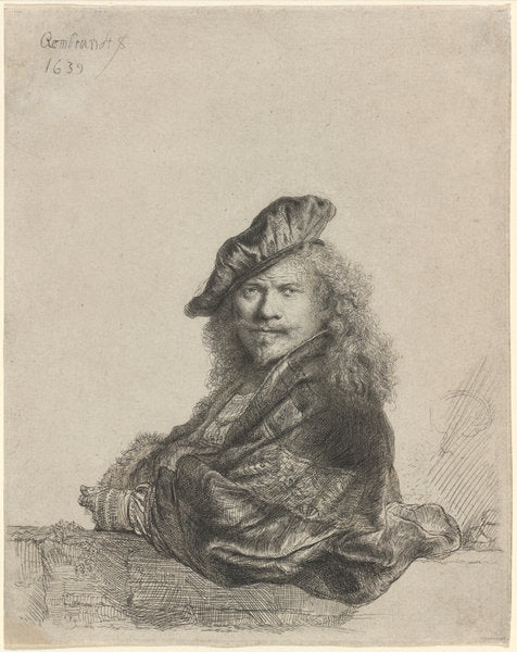 Self-Portrait Leaning on a Stone Sill by Rembrandt van Rijn (Dutch, 1606 - 1669), 16X12"(A3)Poster Print