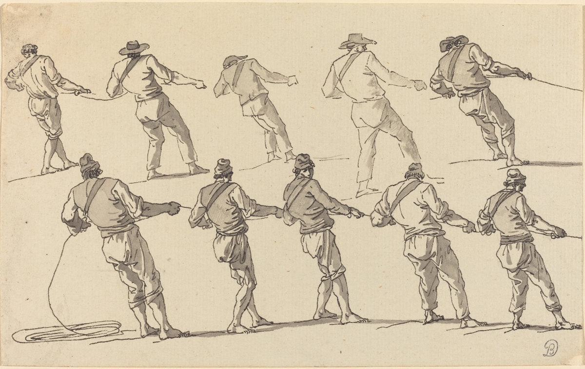 Ten Men Pulling on Ropes by Claude-Joseph Vernet (French, 1714 - 1789), 16X12"(A3)Poster Print