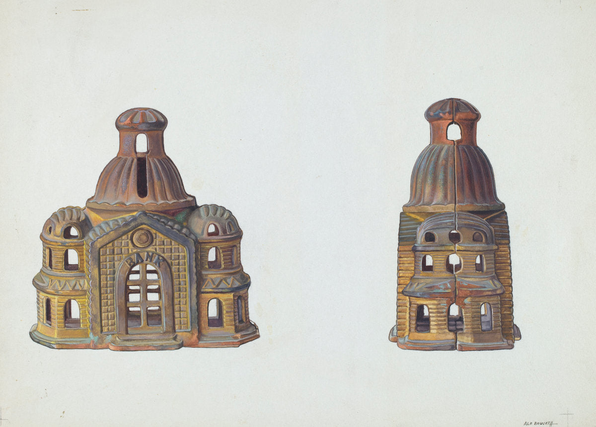 Toy Bank: "Bank Building" by Alf Bruseth (American, active c. 1935), 16X12"(A3)Poster Print