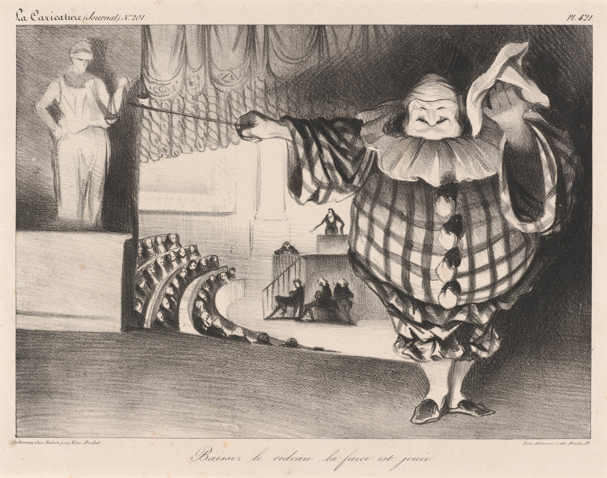 Baissez le rideau, la farce est jouée (Lower the Curtain, the Farce is Over) by Honoré Daumier (French, 1808 - 1879), 16X12"(A3)Poster Print