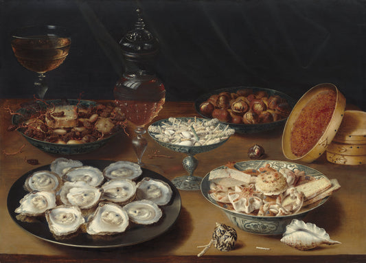 Dishes with Oysters, Fruit, and Wine by Osias Beert the Elder (Flemish, c. 1580 - 1624), 16X12"(A3)Poster Print