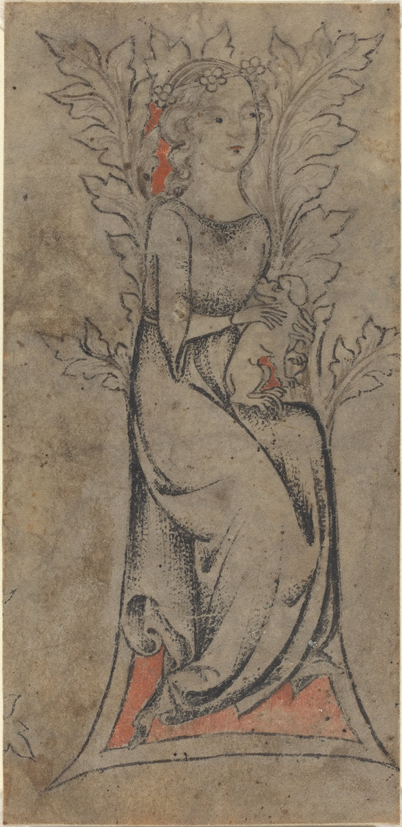 c. 1325 by German 14th Century (Seated Girl with a Dog), 16X12"(A3)Poster Print