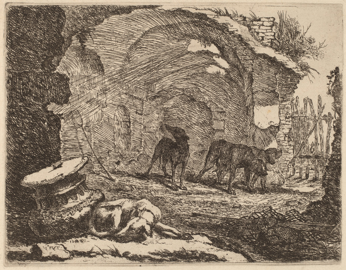 Four Dogs, One Sleeping beside a Capital by Jan Fyt (Flemish, 1611 - 1661), 16X12"(A3)Poster Print