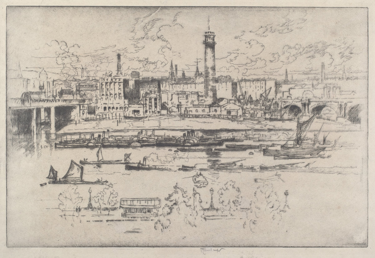 Shot Tower between the Bridges by Joseph Pennell (American, 1857 - 1926), 16X12"(A3)Poster Print