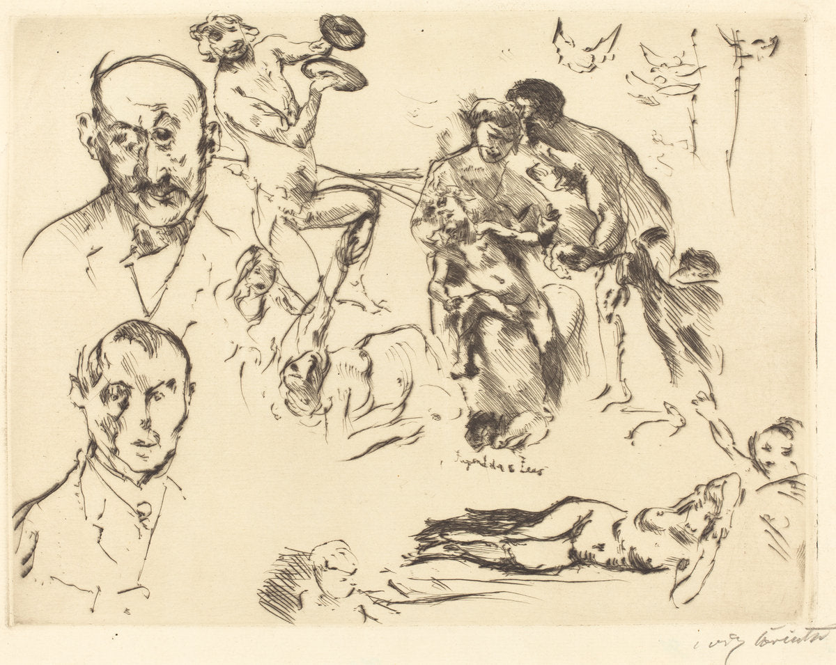 Plate of Sketches, including one of Max Liebermann by Lovis Corinth (German, 1858 - 1925), 16X12"(A3)Poster Print