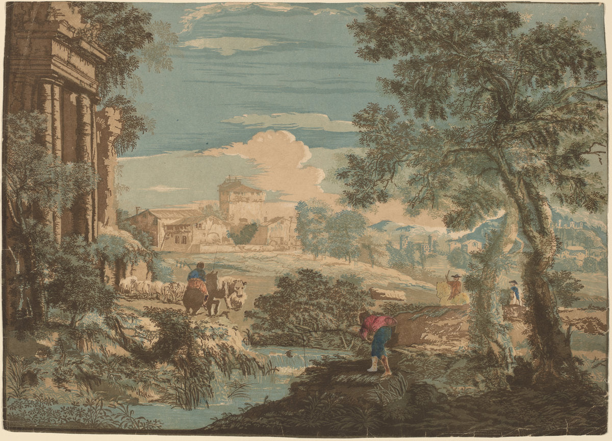 Heroic Landscape with Fisherman, Cows, and Horsemen by John Baptist Jackson after Marco Ricci (English, 1701 - c. 1780), 16X12"(A3)Poster Print