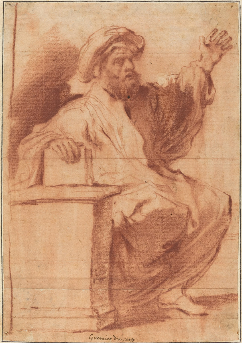 red chalk on two joined sheets of laid paper prepared with red wash by Follower of Giovanni Francesco Barbieri, called Guercino (Seated Prophet), 16X12"(A3)Poster Print