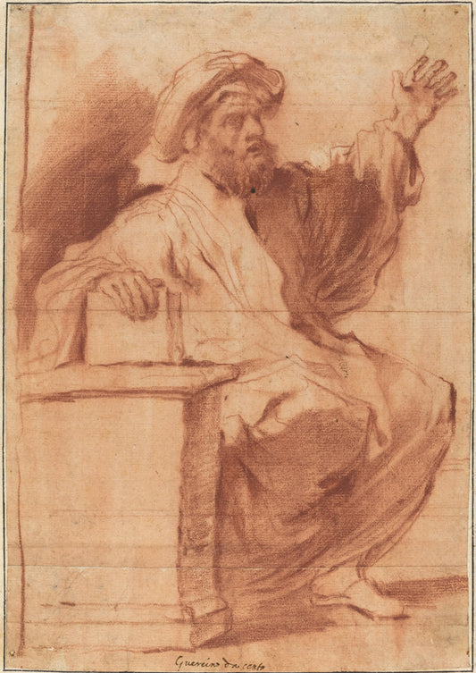 red chalk on two joined sheets of laid paper prepared with red wash by Follower of Giovanni Francesco Barbieri, called Guercino (Seated Prophet), 16X12"(A3)Poster Print