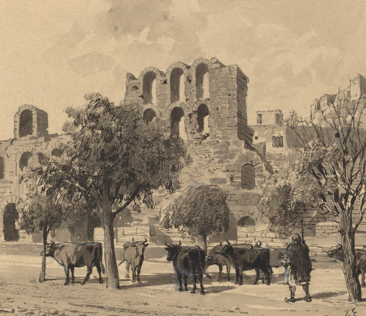 Theater of Herodes Atticus by Themistocles von Eckenbrecher (German, 1842 - 1921), 16X12"(A3)Poster Print