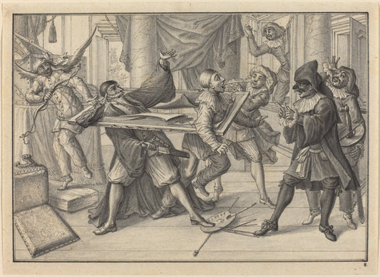 Mezzetin and Harlequin Use the Picture Frame to Catch Pantaloon and Pierrot by Johann Jacob Schübler (German, 1689 - 1741), 16X12"(A3)Poster Print