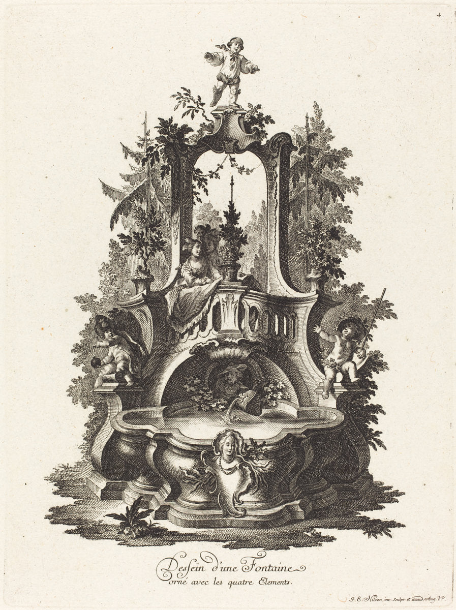 Dessein d'une Fontaine orné avec les quatre Elements (Design for a Fountain Decorated with the Four Elements) by Johann Esaias Nilson (German, 1721 - 1788), 16X12"(A3)Poster Print