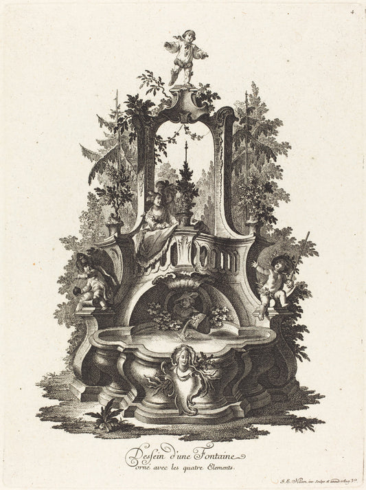 Dessein d'une Fontaine orné avec les quatre Elements (Design for a Fountain Decorated with the Four Elements) by Johann Esaias Nilson (German, 1721 - 1788), 16X12"(A3)Poster Print