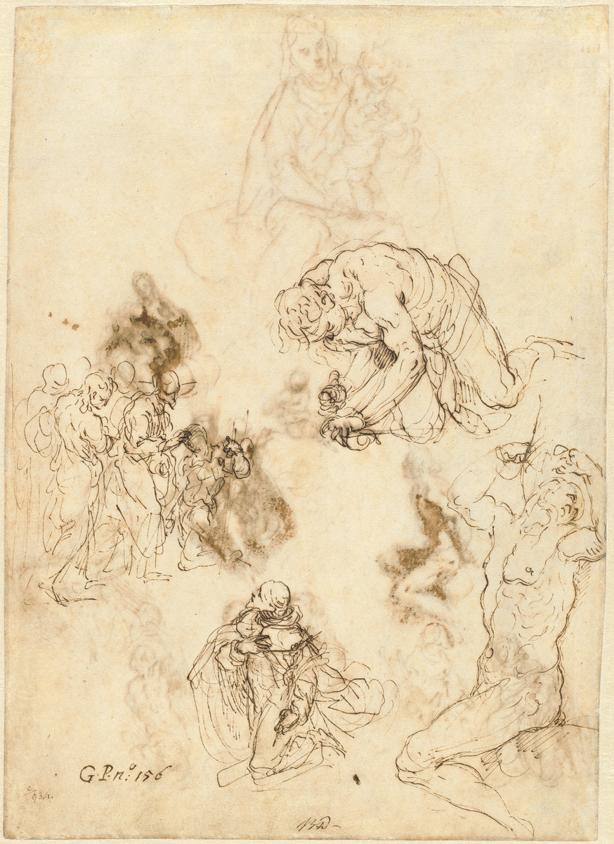 Studies of Christ Healing the Blind Man, Saint Philip Benizzi, and Saint Sebastian by Jacopo Palma il Giovane (Venetian, 1544 or 1548 - 1628), 16X12"(A3)Poster Print